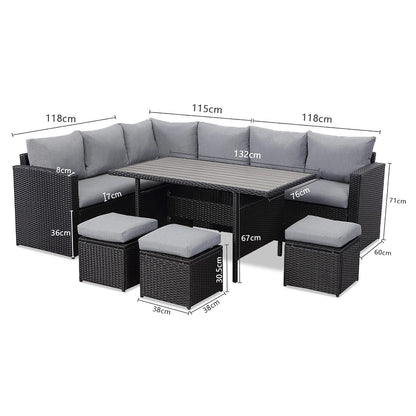 Gartenlounge - Set aus Polyrattan mit Ecklounge, Esstisch, 3 Hocker, Polster | Schwarz - MeXo - Home