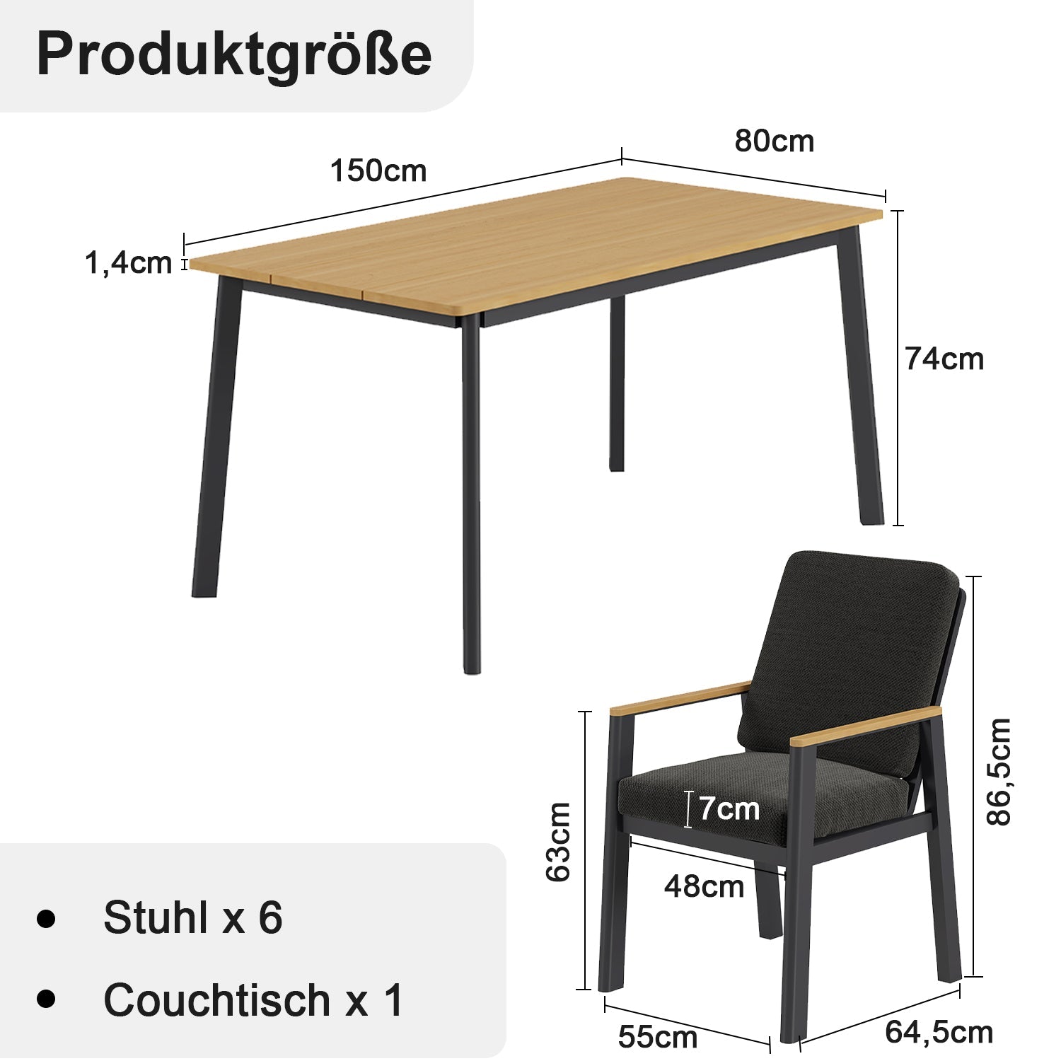 Gartenlounge - Set Dining Lounge für 6 Personen Outdoor (Gartenmöbelset, 7 - tlg., 6x Sessel, 1x Esstisch 150x80x74cm), Garten - Essgruppe mit Kissen und Sitzpolstern Aluminium - MeXo - Home