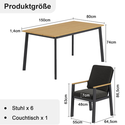 Gartenlounge - Set Dining Lounge für 6 Personen Outdoor (Gartenmöbelset, 7 - tlg., 6x Sessel, 1x Esstisch 150x80x74cm), Garten - Essgruppe mit Kissen und Sitzpolstern Aluminium - MeXo - Home
