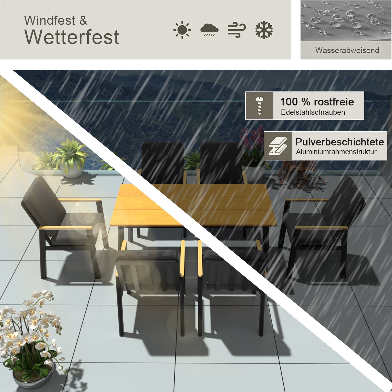 Gartenlounge - Set Dining Lounge für 6 Personen Outdoor (Gartenmöbelset, 7 - tlg., 6x Sessel, 1x Esstisch 150x80x74cm), Garten - Essgruppe mit Kissen und Sitzpolstern Aluminium - MeXo - Home