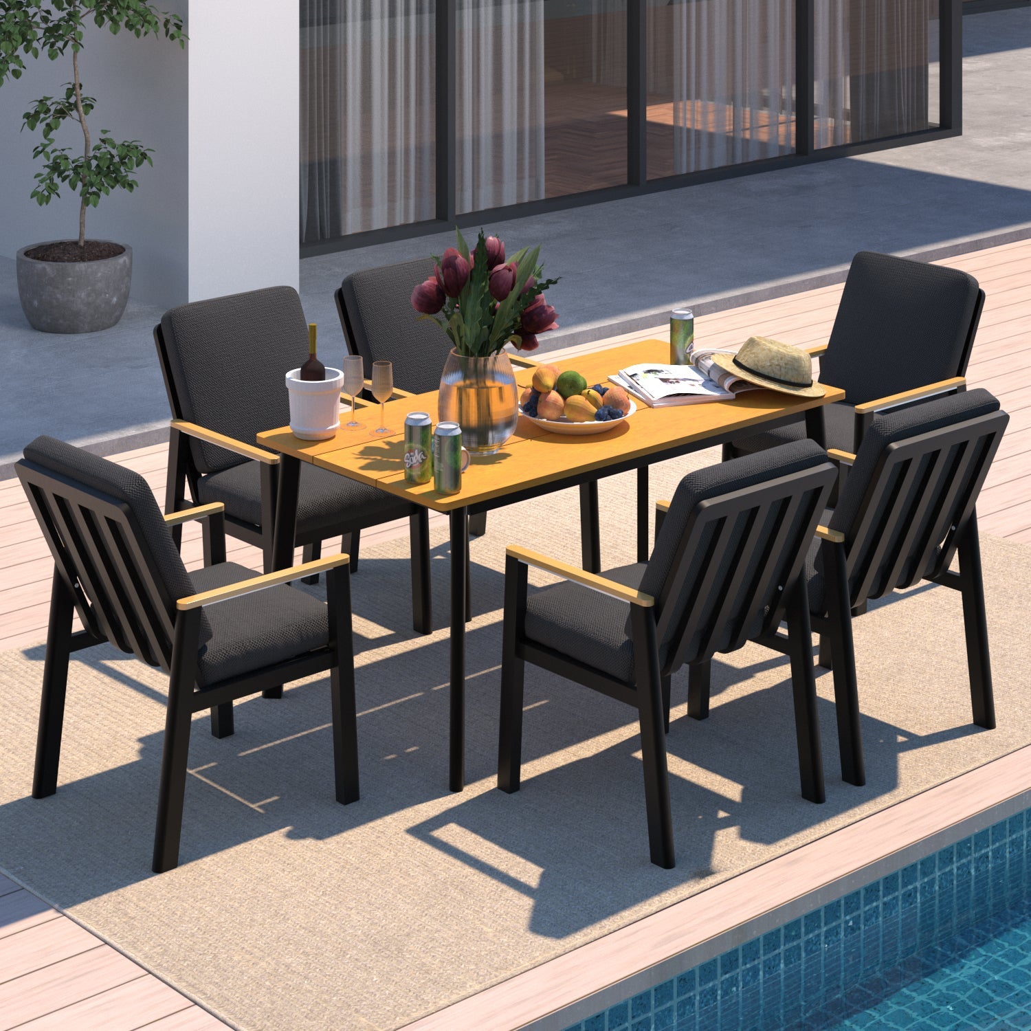 Gartenlounge - Set Dining Lounge für 6 Personen Outdoor (Gartenmöbelset, 7 - tlg., 6x Sessel, 1x Esstisch 150x80x74cm), Garten - Essgruppe mit Kissen und Sitzpolstern Aluminium - MeXo - Home