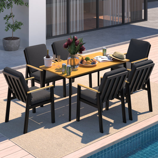 Gartenlounge - Set Dining Lounge für 6 Personen Outdoor (Gartenmöbelset, 7 - tlg., 6x Sessel, 1x Esstisch 150x80x74cm), Garten - Essgruppe mit Kissen und Sitzpolstern Aluminium - MeXo - Home