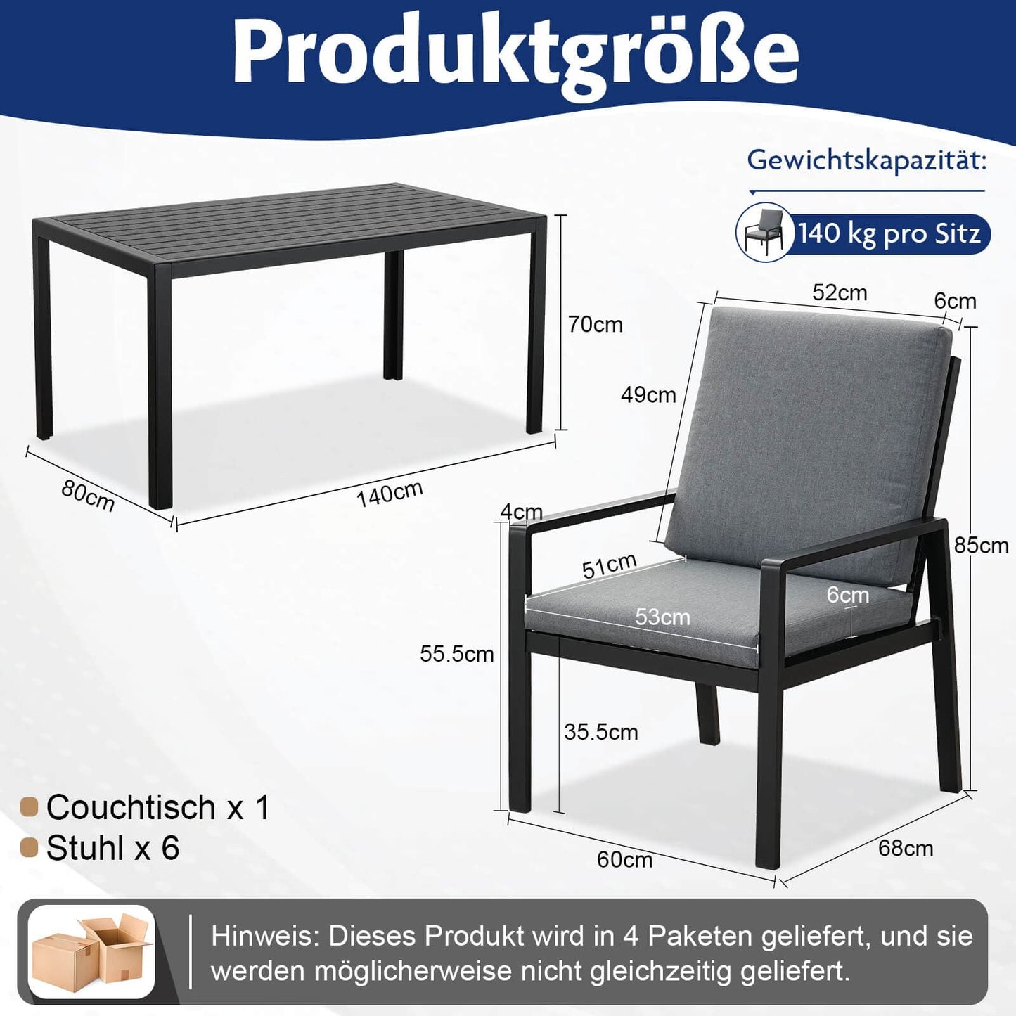 Gartenlounge - Set Gartenmöbel Set Aluminium (Garten Essgruppe für 4 Personen, 5 - tlg., 4 Sessel, 1 Esstisch, inkl. Auflagen), Sitzgruppe Gartengarnitur Set wetterfest und platzsparende - MeXo - Home