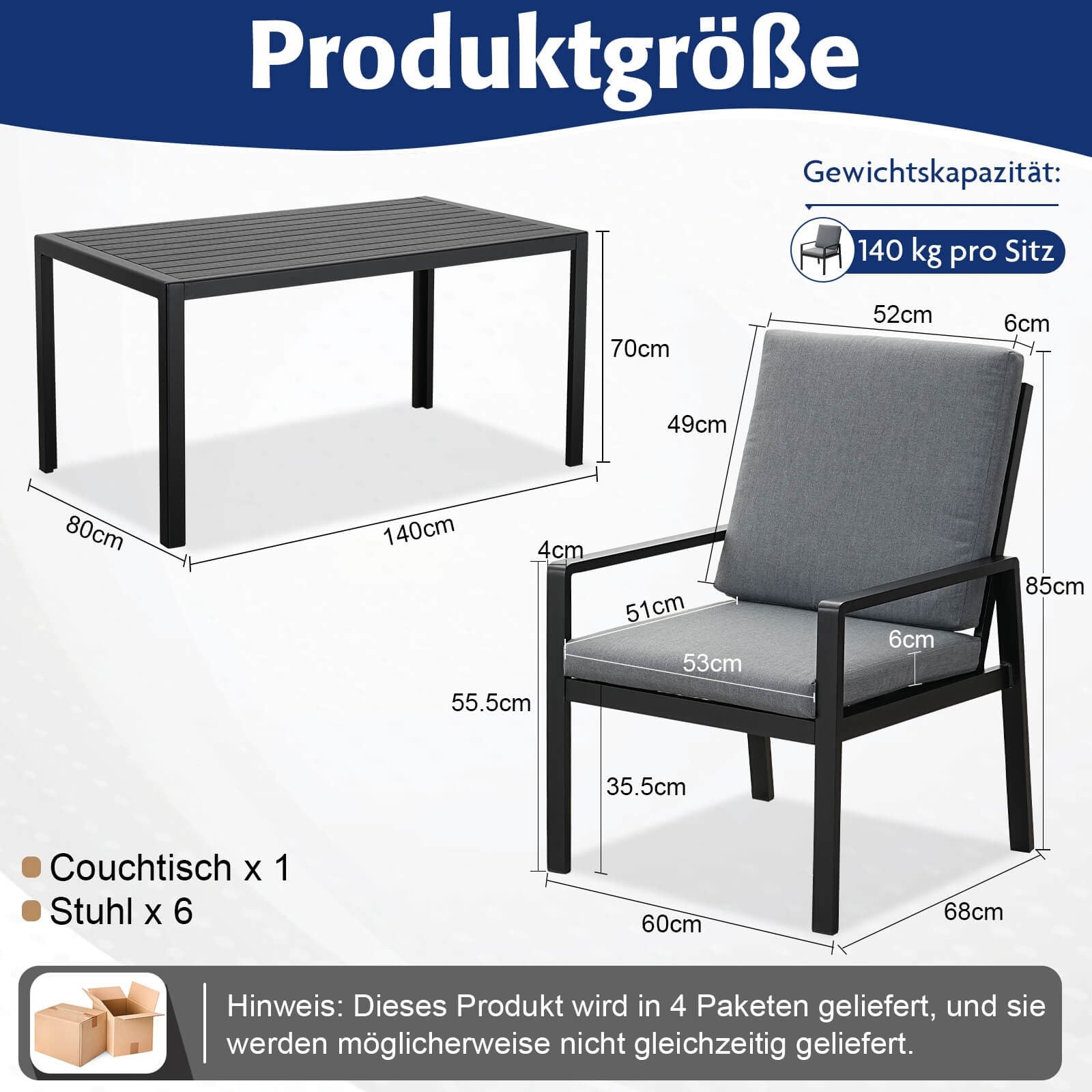 Gartenlounge - Set Gartenmöbel Set Aluminium (Garten Essgruppe für 4 Personen, 5 - tlg., 4 Sessel, 1 Esstisch, inkl. Auflagen), Sitzgruppe Gartengarnitur Set wetterfest und platzsparende - MeXo - Home