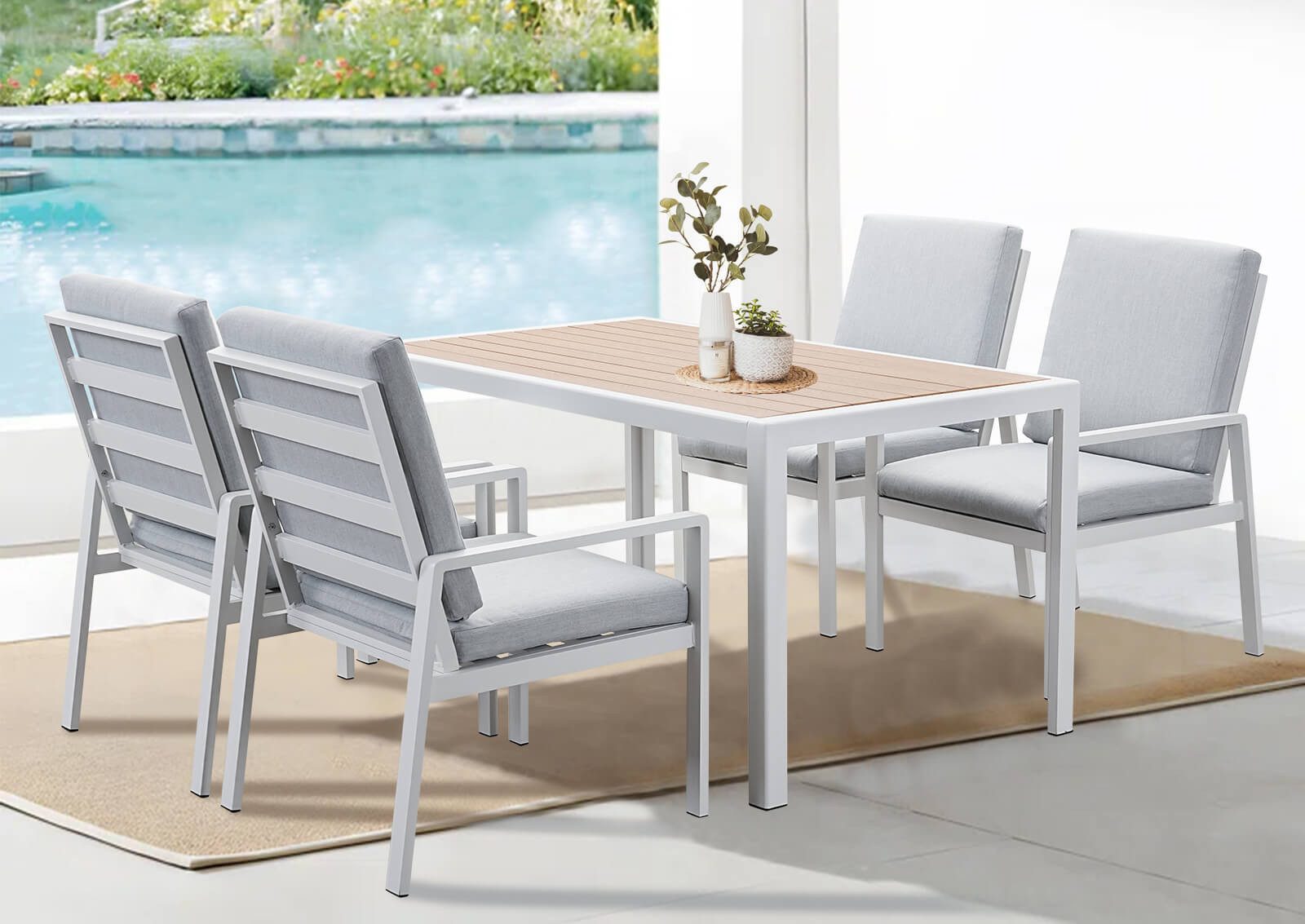 Gartenlounge - Set Gartenmöbel Set Aluminium (Garten Essgruppe für 4 Personen, 5 - tlg., 4 Sessel, 1 Esstisch, inkl. Auflagen), Sitzgruppe Gartengarnitur Set wetterfest und platzsparende - MeXo - Home