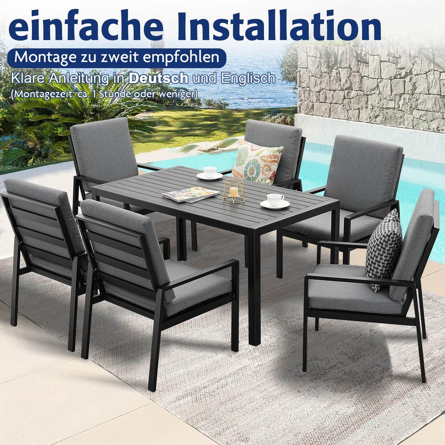 Gartenlounge - Set Gartenmöbel Set Aluminium (Garten Essgruppe für 4 Personen, 5 - tlg., 4 Sessel, 1 Esstisch, inkl. Auflagen), Sitzgruppe Gartengarnitur Set wetterfest und platzsparende - MeXo - Home