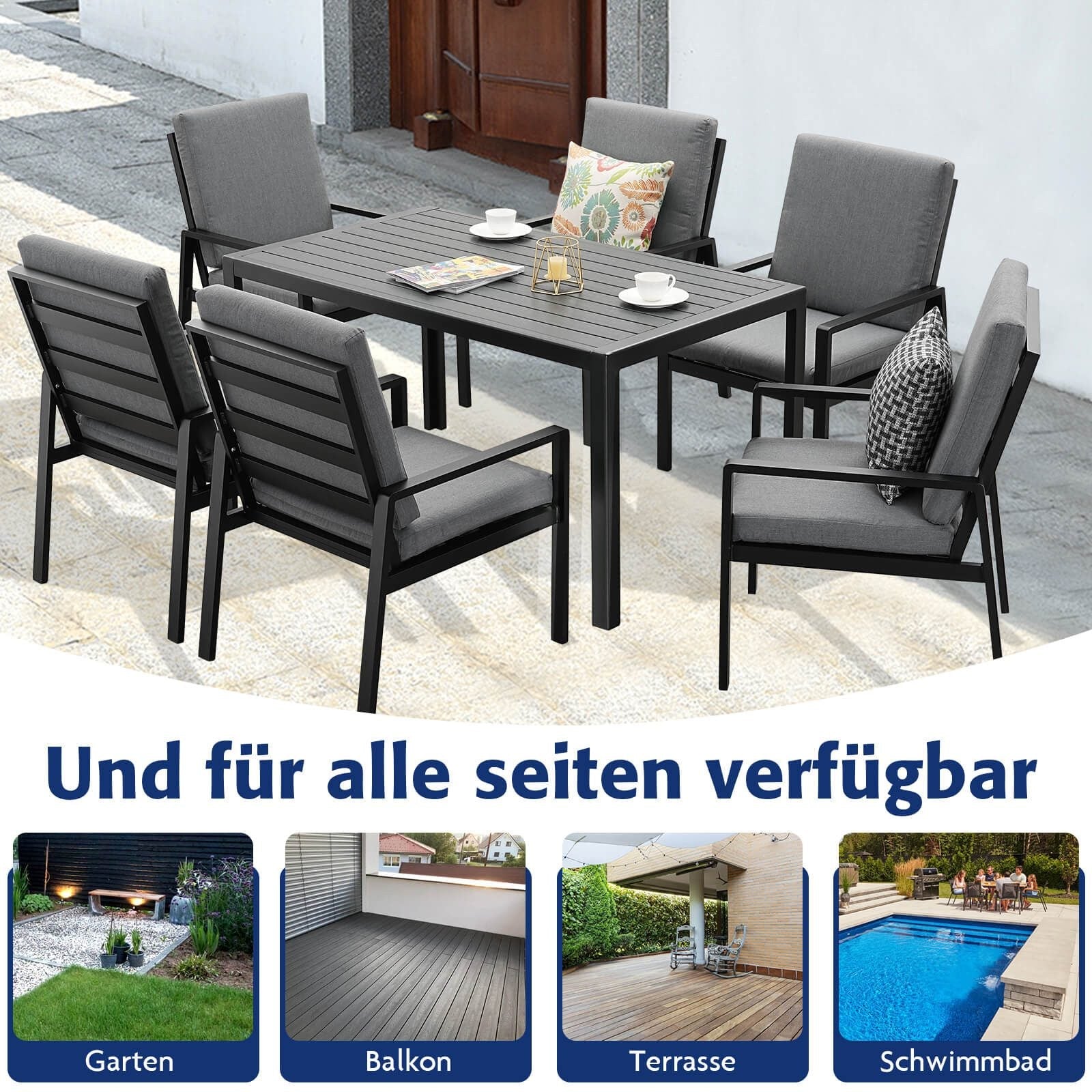 Gartenlounge - Set Gartenmöbel Set Aluminium (Garten Essgruppe für 4 Personen, 5 - tlg., 4 Sessel, 1 Esstisch, inkl. Auflagen), Sitzgruppe Gartengarnitur Set wetterfest und platzsparende - MeXo - Home