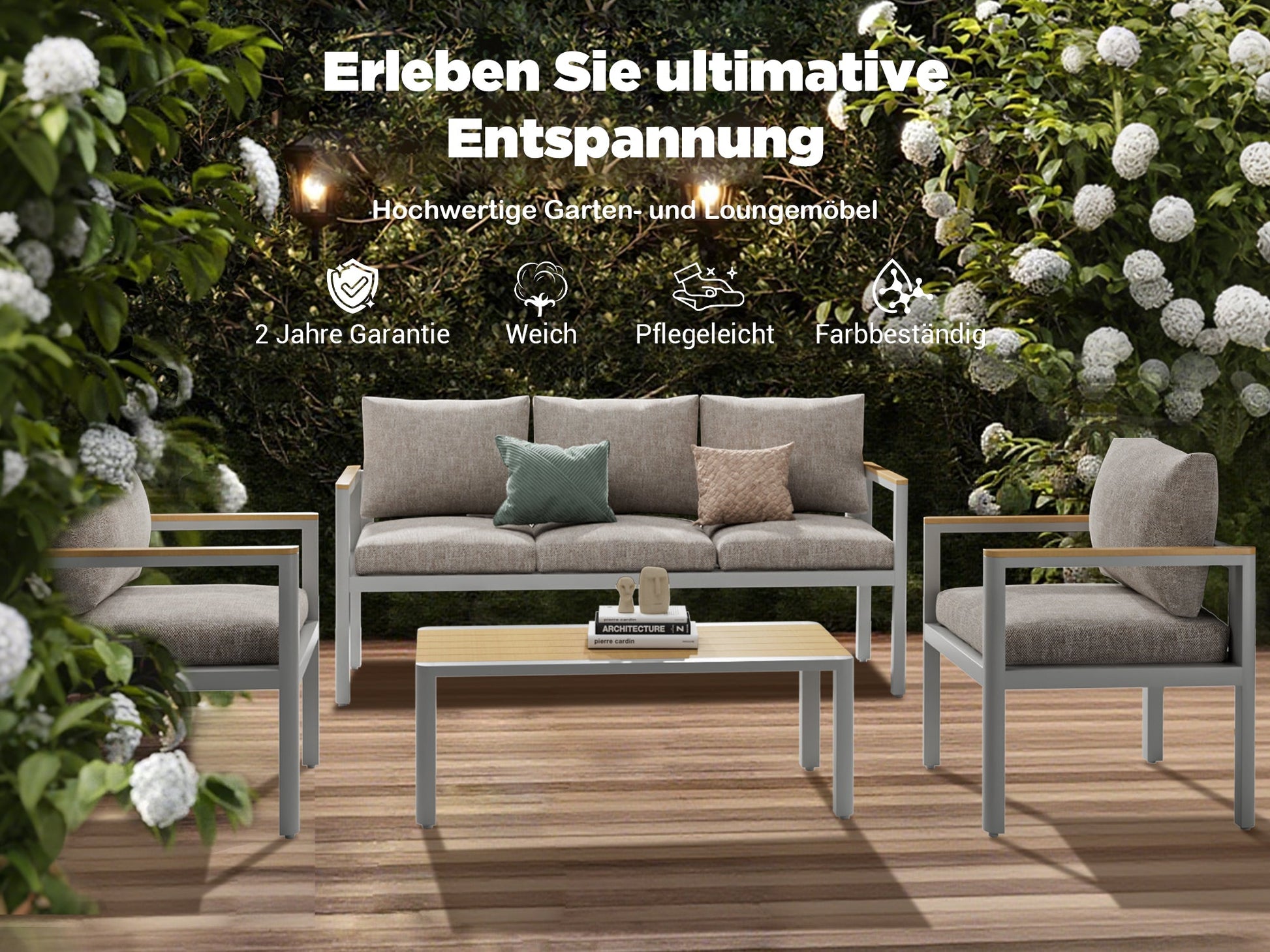 Gartenlounge - Set Gartenmöbel Set für 5 Personen outdoor wetterfest Aluminium (Balkonmöbel Set, 4 - tlg., 1 x 3 - Sitzer Sofa, 2 x Einzelsessel, 1 x Couchtisch, 10 Auflagen), Terrassenmöbel - Set mit Kissen und Sitzpolstern - MeXo - Home