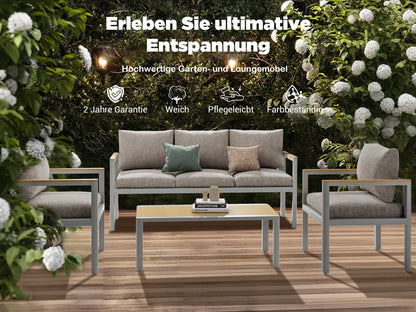 Gartenlounge - Set Gartenmöbel Set für 5 Personen outdoor wetterfest Aluminium (Balkonmöbel Set, 4 - tlg., 1 x 3 - Sitzer Sofa, 2 x Einzelsessel, 1 x Couchtisch, 10 Auflagen), Terrassenmöbel - Set mit Kissen und Sitzpolstern - MeXo - Home