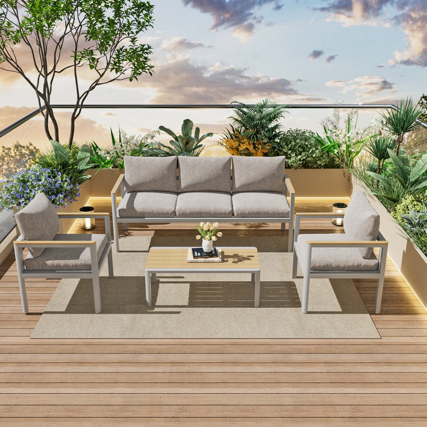 Gartenlounge - Set Gartenmöbel Set für 5 Personen outdoor wetterfest Aluminium (Balkonmöbel Set, 4 - tlg., 1 x 3 - Sitzer Sofa, 2 x Einzelsessel, 1 x Couchtisch, 10 Auflagen), Terrassenmöbel - Set mit Kissen und Sitzpolstern - MeXo - Home