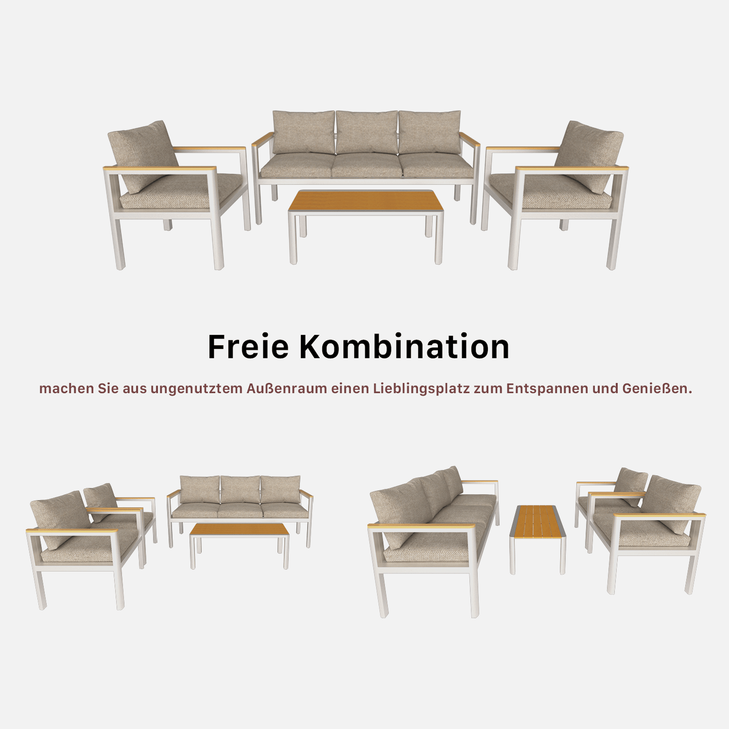 Gartenlounge - Set Gartenmöbel Set für 5 Personen outdoor wetterfest Aluminium (Balkonmöbel Set, 4 - tlg., 1 x 3 - Sitzer Sofa, 2 x Einzelsessel, 1 x Couchtisch, 10 Auflagen), Terrassenmöbel - Set mit Kissen und Sitzpolstern - MeXo - Home