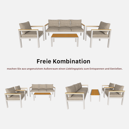 Gartenlounge - Set Gartenmöbel Set für 5 Personen outdoor wetterfest Aluminium (Balkonmöbel Set, 4 - tlg., 1 x 3 - Sitzer Sofa, 2 x Einzelsessel, 1 x Couchtisch, 10 Auflagen), Terrassenmöbel - Set mit Kissen und Sitzpolstern - MeXo - Home