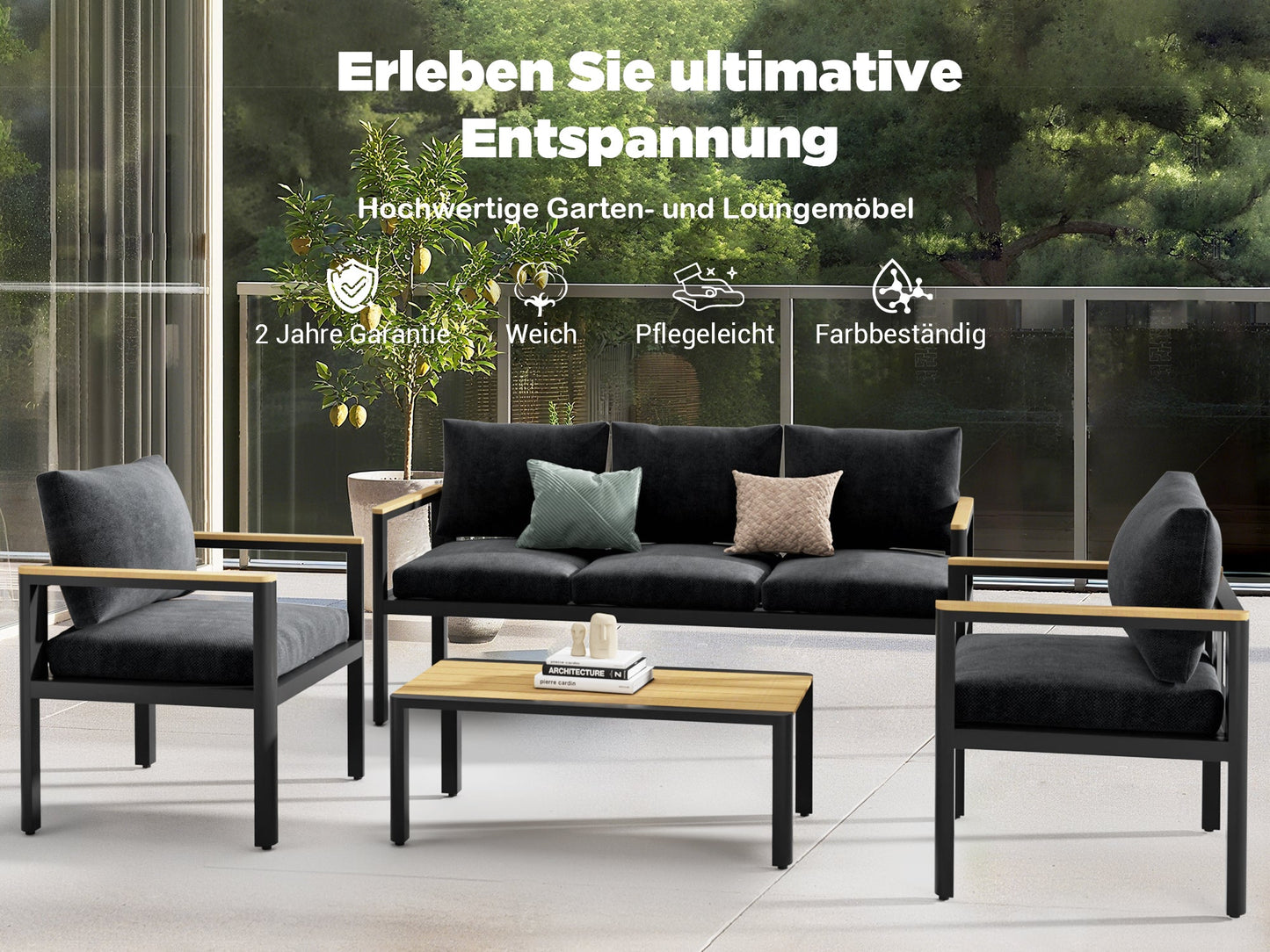Gartenlounge - Set Gartenmöbel Set für 5 Personen outdoor wetterfest Aluminium (Balkonmöbel Set, 4 - tlg., 1 x 3 - Sitzer Sofa, 2 x Einzelsessel, 1 x Couchtisch, 10 Auflagen), Terrassenmöbel - Set mit Kissen und Sitzpolstern - MeXo - Home