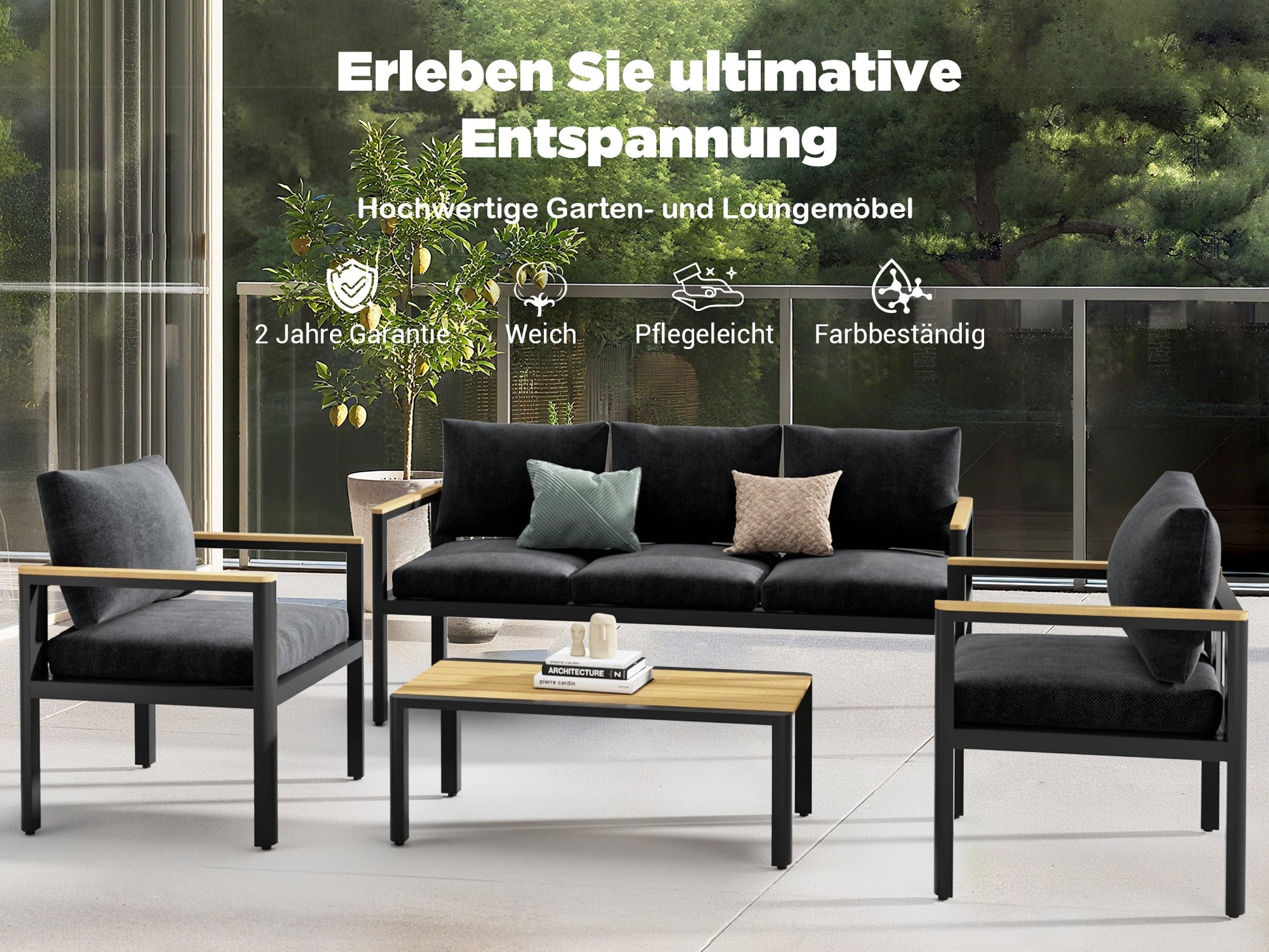 Gartenlounge - Set Gartenmöbel Set für 5 Personen outdoor wetterfest Aluminium (Balkonmöbel Set, 4 - tlg., 1 x 3 - Sitzer Sofa, 2 x Einzelsessel, 1 x Couchtisch, 10 Auflagen), Terrassenmöbel - Set mit Kissen und Sitzpolstern - MeXo - Home