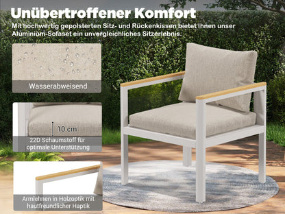 Gartenlounge - Set Gartenmöbel Set für 5 Personen outdoor wetterfest Aluminium (Balkonmöbel Set, 4 - tlg., 1 x 3 - Sitzer Sofa, 2 x Einzelsessel, 1 x Couchtisch, 10 Auflagen), Terrassenmöbel - Set mit Kissen und Sitzpolstern - MeXo - Home