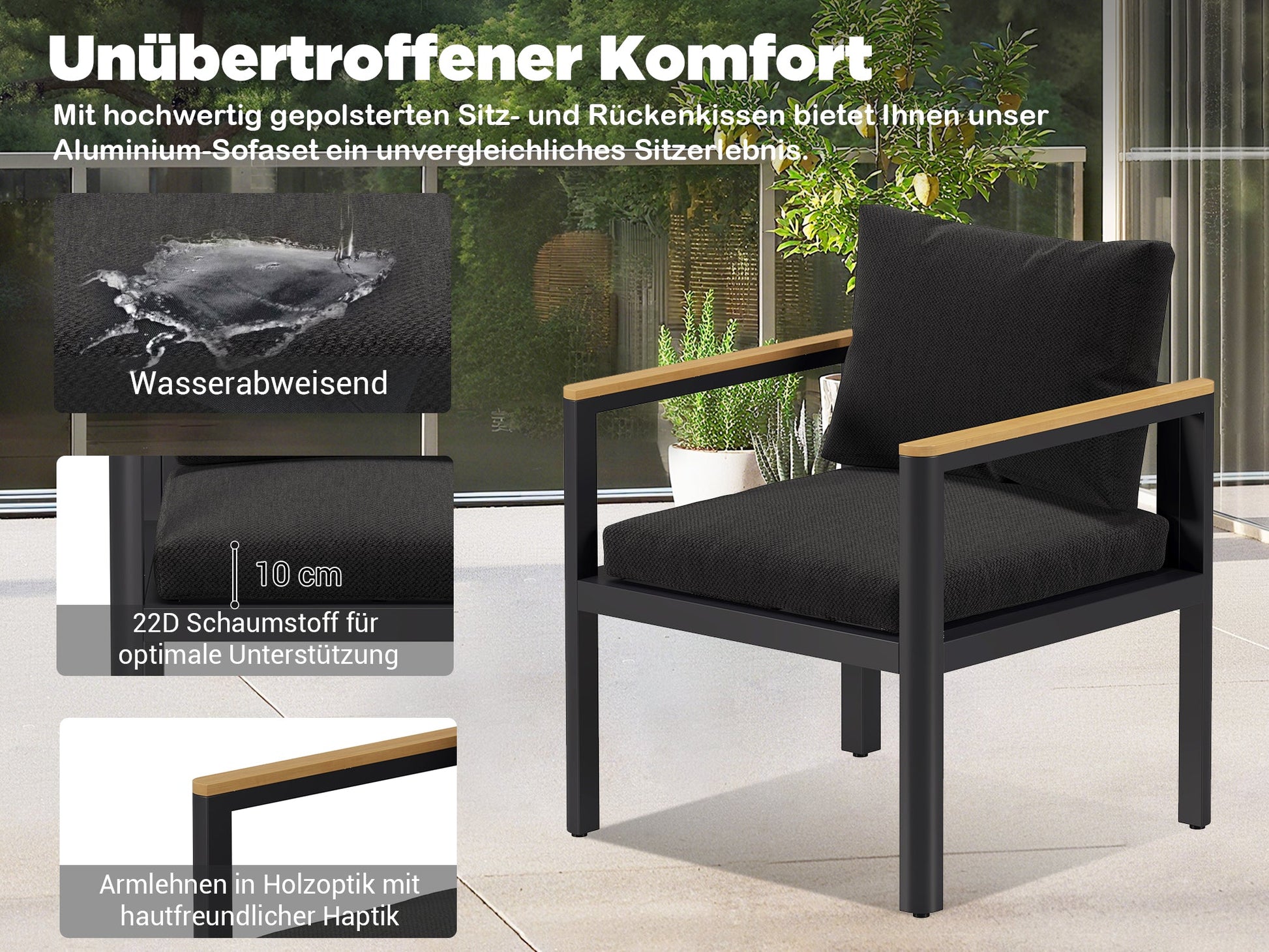 Gartenlounge - Set Gartenmöbel Set für 5 Personen outdoor wetterfest Aluminium (Balkonmöbel Set, 4 - tlg., 1 x 3 - Sitzer Sofa, 2 x Einzelsessel, 1 x Couchtisch, 10 Auflagen), Terrassenmöbel - Set mit Kissen und Sitzpolstern - MeXo - Home