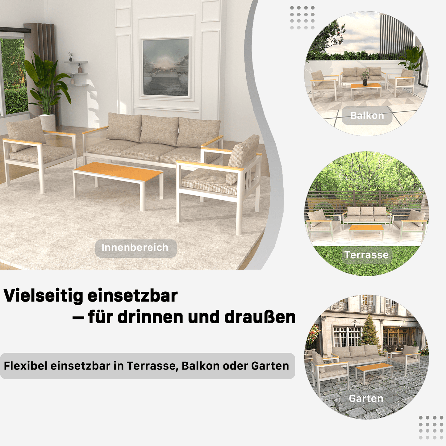 Gartenlounge - Set Gartenmöbel Set Sitzgruppe für 4 Personen Aluminium wetterfest (Balkonmöbel Set, 4 - tlg., 1 x 2 - Sitzer Sofa, 2 x Einzelsessel, 1 x Couchtisch, 8 Auflagen), Terrassenmöbel - Set mit Kissen und Sitzpolstern - MeXo - Home