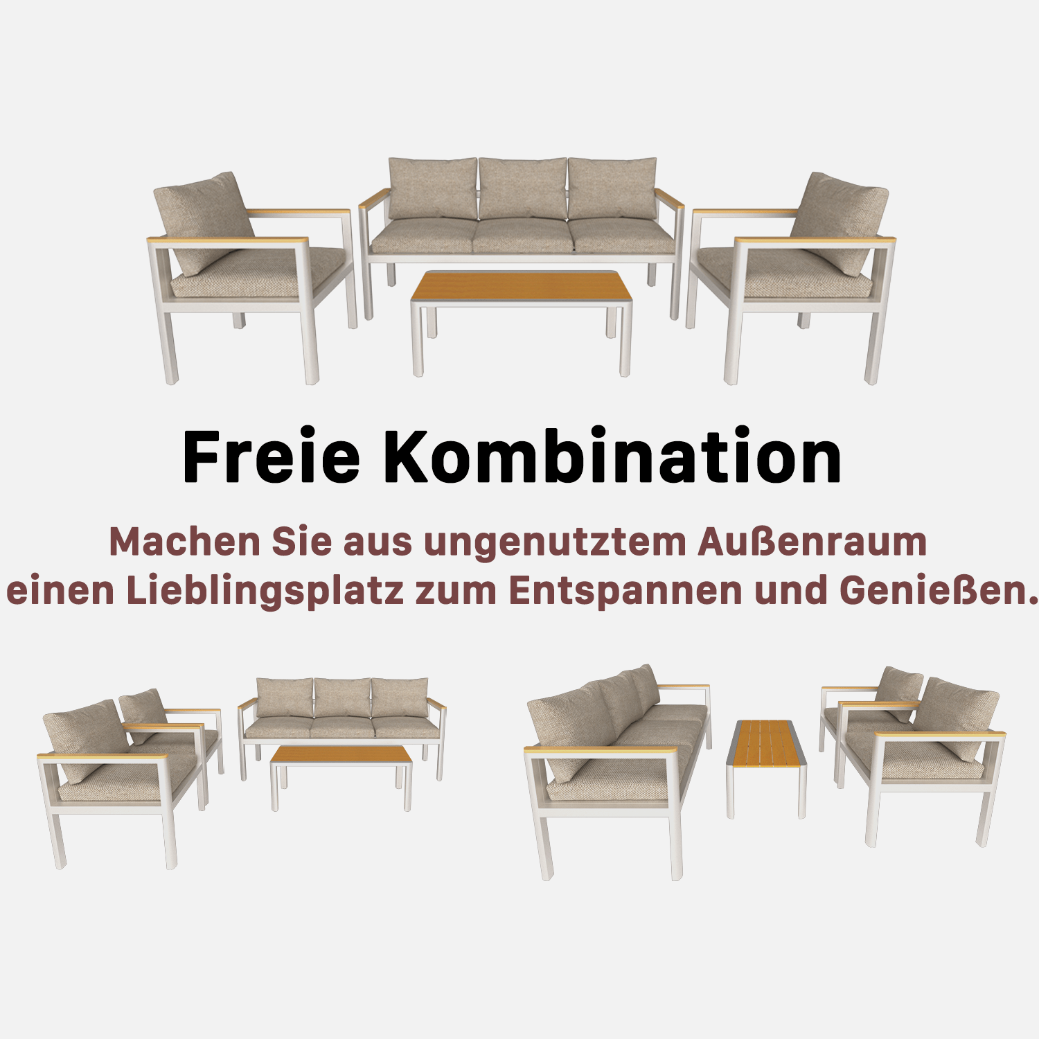 Gartenlounge - Set Gartenmöbel Set Sitzgruppe für 4 Personen Aluminium wetterfest (Balkonmöbel Set, 4 - tlg., 1 x 2 - Sitzer Sofa, 2 x Einzelsessel, 1 x Couchtisch, 8 Auflagen), Terrassenmöbel - Set mit Kissen und Sitzpolstern - MeXo - Home