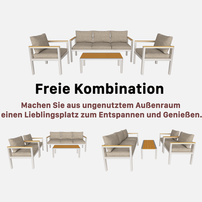 Gartenlounge - Set Gartenmöbel Set Sitzgruppe für 4 Personen Aluminium wetterfest (Balkonmöbel Set, 4 - tlg., 1 x 2 - Sitzer Sofa, 2 x Einzelsessel, 1 x Couchtisch, 8 Auflagen), Terrassenmöbel - Set mit Kissen und Sitzpolstern - MeXo - Home