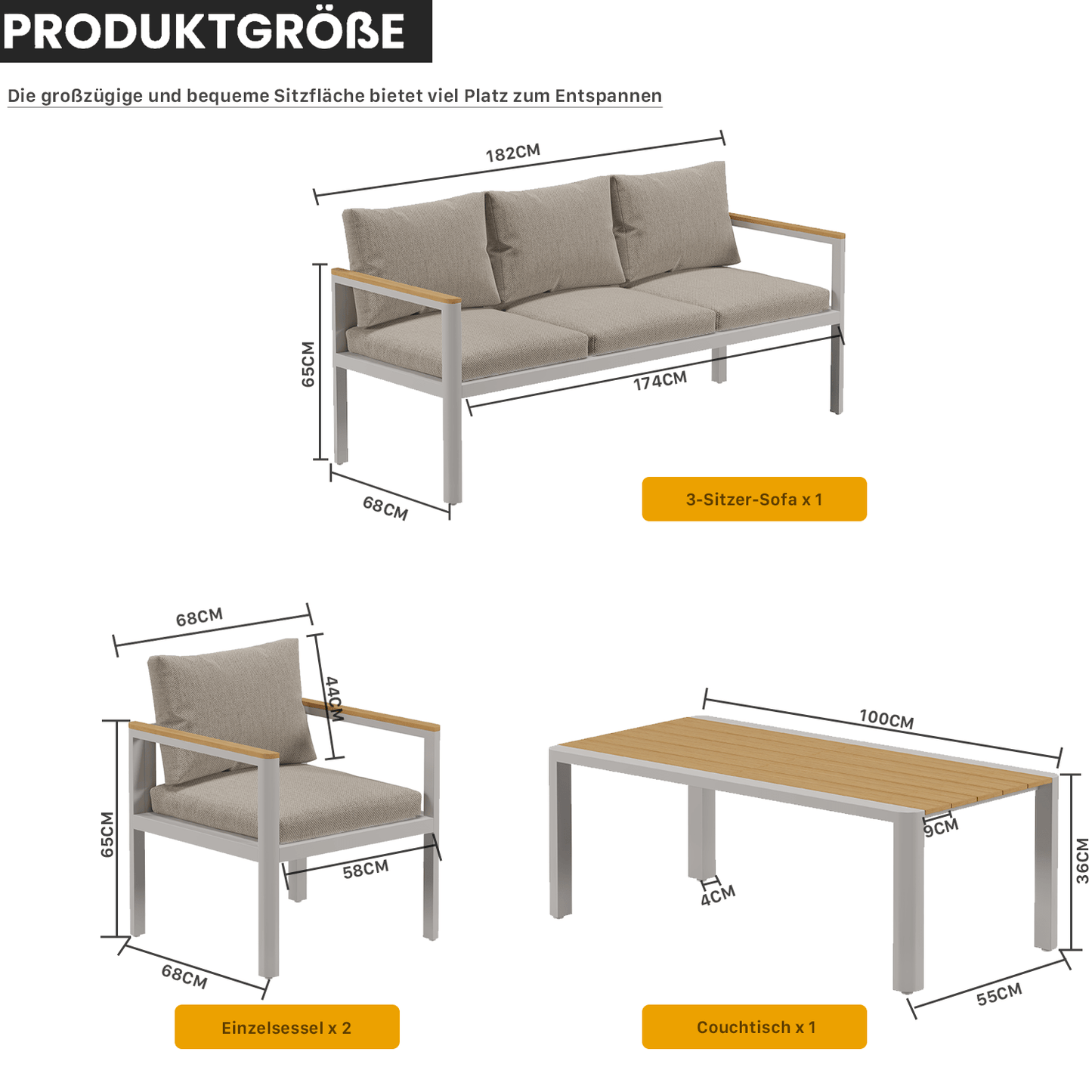 Gartenlounge - Set Gartenmöbel Set Sitzgruppe für 4 Personen Aluminium wetterfest (Balkonmöbel Set, 4 - tlg., 1 x 2 - Sitzer Sofa, 2 x Einzelsessel, 1 x Couchtisch, 8 Auflagen), Terrassenmöbel - Set mit Kissen und Sitzpolstern - MeXo - Home