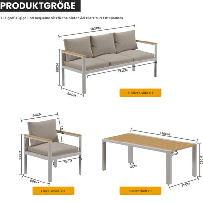 Gartenlounge - Set Gartenmöbel Set Sitzgruppe für 4 Personen Aluminium wetterfest (Balkonmöbel Set, 4 - tlg., 1 x 2 - Sitzer Sofa, 2 x Einzelsessel, 1 x Couchtisch, 8 Auflagen), Terrassenmöbel - Set mit Kissen und Sitzpolstern - MeXo - Home