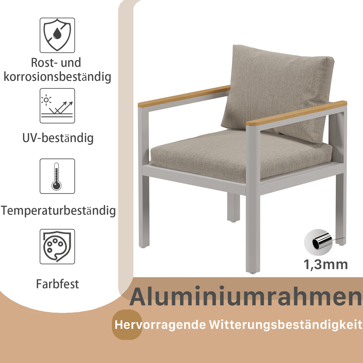 Gartenlounge - Set Gartenmöbel Set Sitzgruppe für 4 Personen Aluminium wetterfest (Balkonmöbel Set, 4 - tlg., 1 x 2 - Sitzer Sofa, 2 x Einzelsessel, 1 x Couchtisch, 8 Auflagen), Terrassenmöbel - Set mit Kissen und Sitzpolstern - MeXo - Home