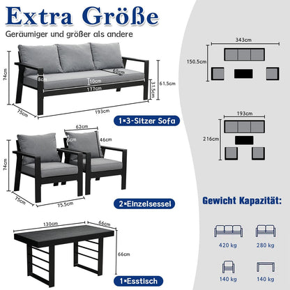Gartenlounge - Set Terrassenmöbel Set 130x66x66cm Esstisch 5 Personen Alu wetterfest (10cm Deluxe Relax - Sitzkissen, 4 - tlg., Belastbarkeit pro Sitzplatz 140kg), Aluminium mit bequemer Neigung der Lehne, großzügige Sitzgelegenheit - MeXo - Home