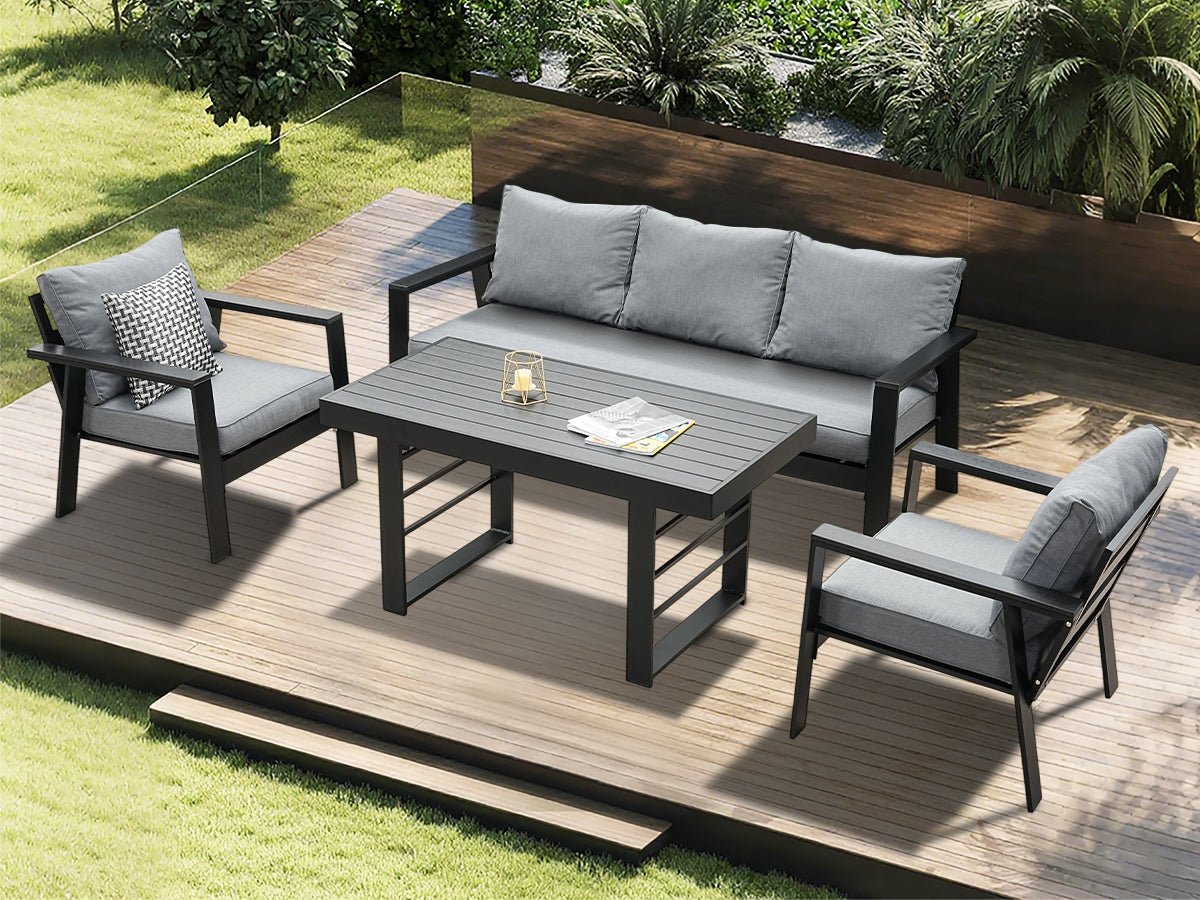 Gartenlounge - Set Terrassenmöbel Set 130x66x66cm Esstisch 5 Personen Alu wetterfest (10cm Deluxe Relax - Sitzkissen, 4 - tlg., Belastbarkeit pro Sitzplatz 140kg), Aluminium mit bequemer Neigung der Lehne, großzügige Sitzgelegenheit - MeXo - Home