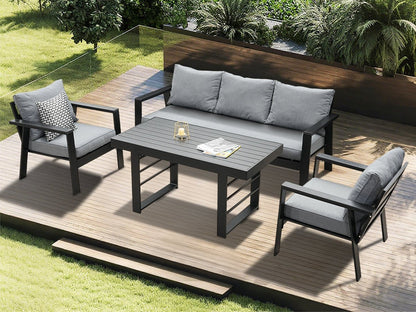 Gartenlounge - Set Terrassenmöbel Set 130x66x66cm Esstisch 5 Personen Alu wetterfest (10cm Deluxe Relax - Sitzkissen, 4 - tlg., Belastbarkeit pro Sitzplatz 140kg), Aluminium mit bequemer Neigung der Lehne, großzügige Sitzgelegenheit - MeXo - Home