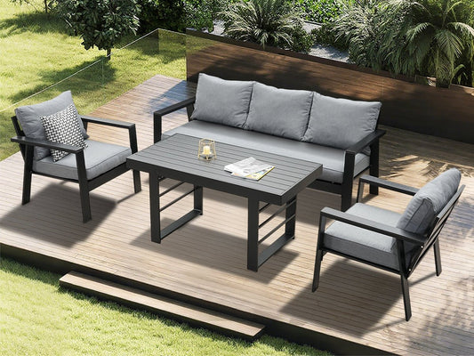 Gartenlounge - Set Terrassenmöbel Set 130x66x66cm Esstisch 5 Personen Alu wetterfest (10cm Deluxe Relax - Sitzkissen, 4 - tlg., Belastbarkeit pro Sitzplatz 140kg), Aluminium mit bequemer Neigung der Lehne, großzügige Sitzgelegenheit - MeXo - Home