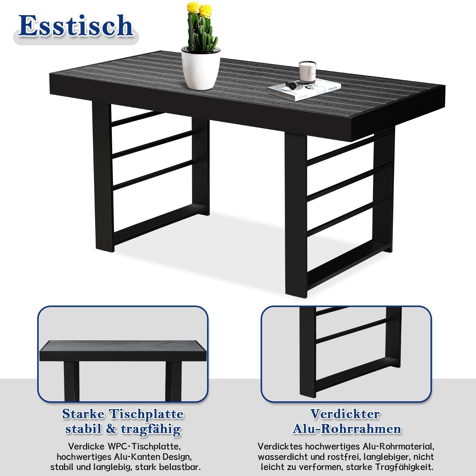 Gartenlounge - Set Terrassenmöbel Set 130x66x66cm Esstisch 5 Personen Alu wetterfest (10cm Deluxe Relax - Sitzkissen, 4 - tlg., Belastbarkeit pro Sitzplatz 140kg), Aluminium mit bequemer Neigung der Lehne, großzügige Sitzgelegenheit - MeXo - Home