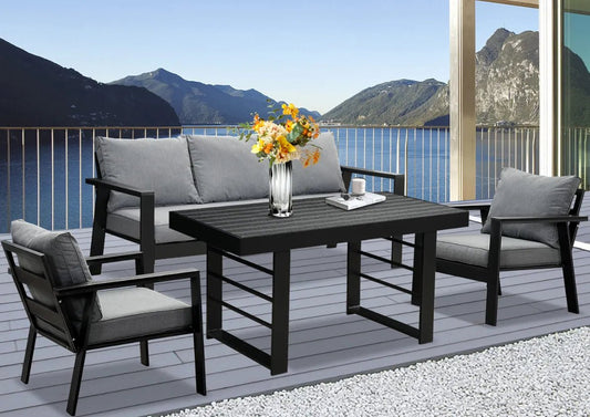 Gartenlounge - Set Terrassenmöbel Set 130x66x66cm Esstisch 5 Personen Alu wetterfest (10cm Deluxe Relax - Sitzkissen, 4 - tlg., Belastbarkeit pro Sitzplatz 140kg), Aluminium mit bequemer Neigung der Lehne, großzügige Sitzgelegenheit - MeXo - Home