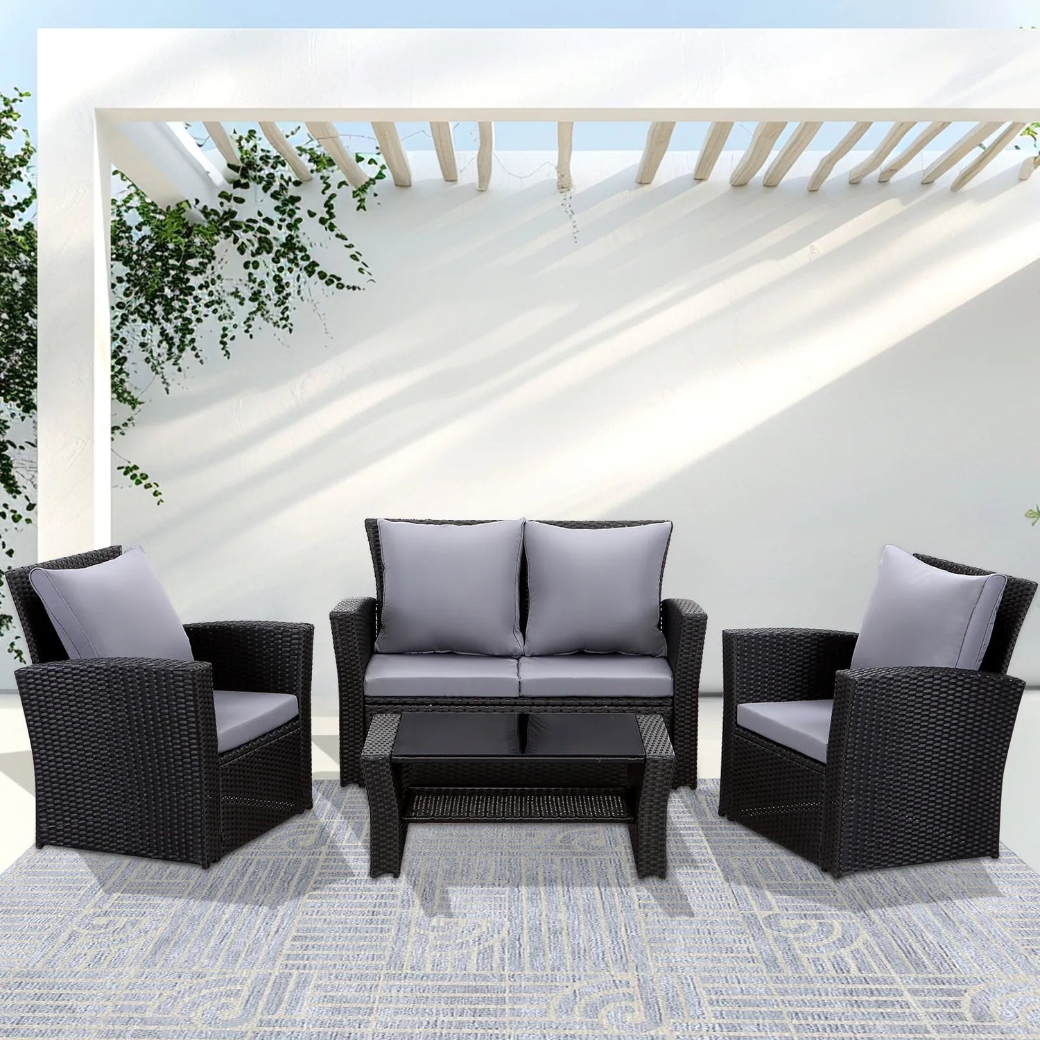 MeXo 4 - Personen Gartenlounge - Set aus Polyrattan mit Premium - Polster – Schwarz, Wetterfest & Stylisch - MeXo - Home
