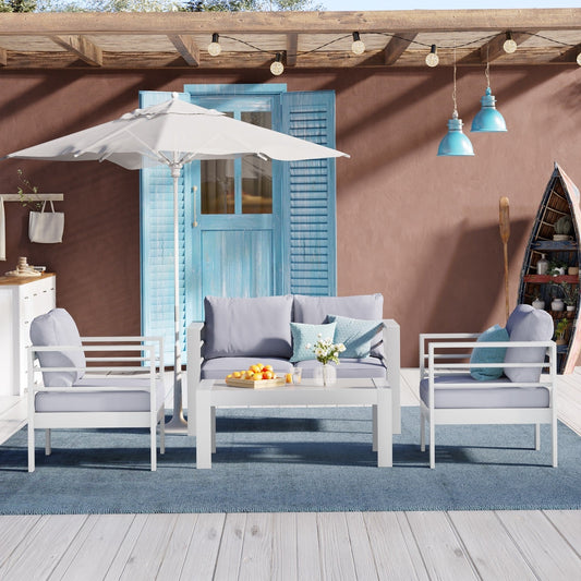 MEXO 4er Gartenlounge - Set Alu wetterfest, inkl. 12cm Relax - Sitzkissen & Tisch, weiß – passt zu skandinavischem, mediterranem, minimalistischem Stil, nachttaugliches Design - MeXo - Home