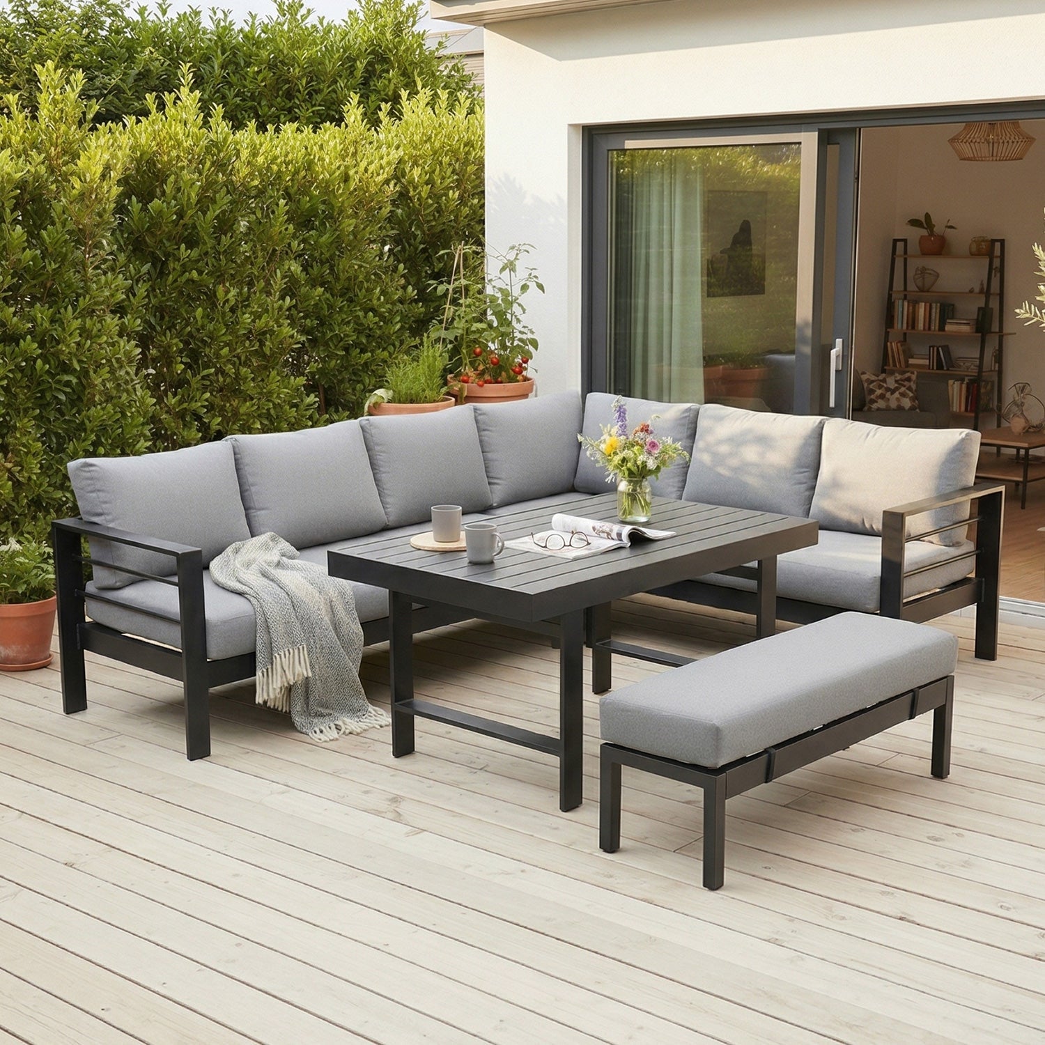 MEXO 951908 XXL Gartenlounge Set Schwarz Aluminium 5 - tlg. Garten Essgruppe Ecklounge für 6 - 8 Personen mit Polywood Tisch - MeXo - Home