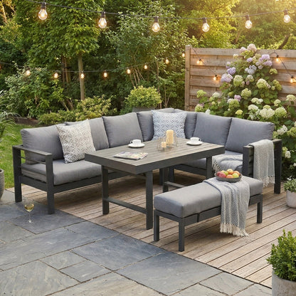 MEXO 951908 XXL Gartenlounge Set Schwarz Aluminium 5 - tlg. Garten Essgruppe Ecklounge für 6 - 8 Personen mit Polywood Tisch - MeXo - Home