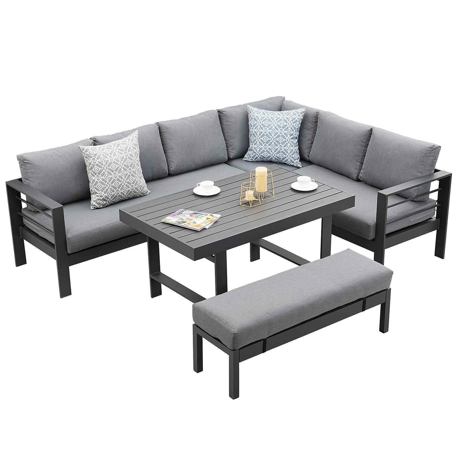 MEXO 951908 XXL Gartenlounge Set Schwarz Aluminium 5 - tlg. Garten Essgruppe Ecklounge für 6 - 8 Personen mit Polywood Tisch - MeXo - Home