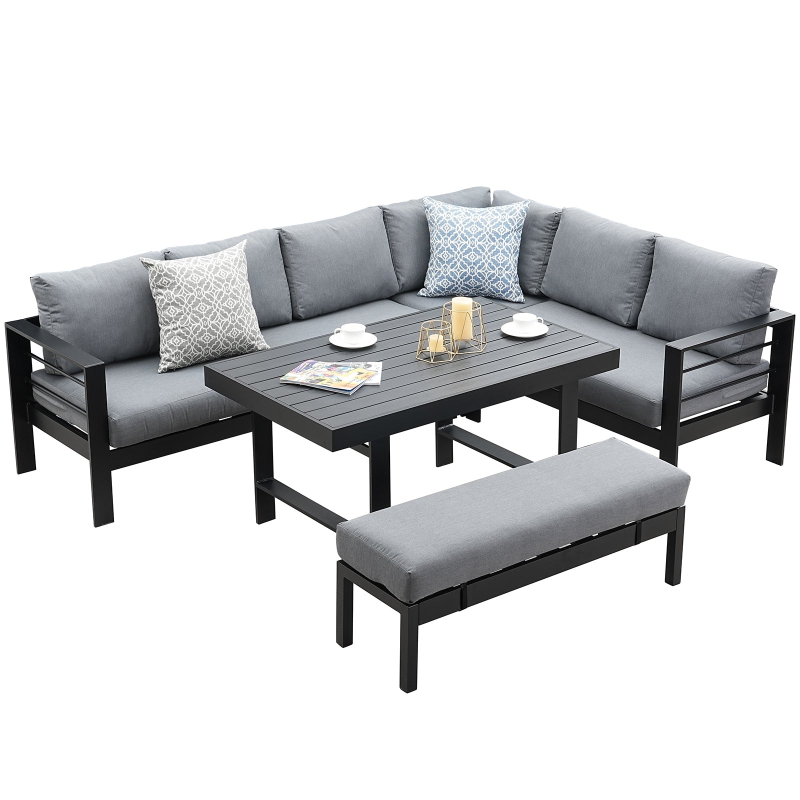MEXO 951908 XXL Gartenlounge Set Schwarz Aluminium 5 - tlg. Garten Essgruppe Ecklounge für 6 - 8 Personen mit Polywood Tisch - MeXo - Home