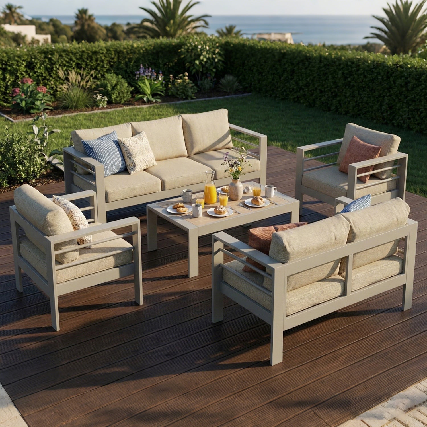 MEXO Gartenlounge - Set 4 - 5 Personen Aluminium wetterfest Beige 4 - tlg. mit 12 cm Sitzkissen skandinavisch mediterran - MeXo - Home