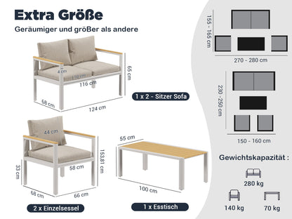 MEXO Gartenlounge - Set Aluminium Balkonmöbel für 4 Personen ( 4 - Sitzer Loungesofa - Gartensofa 1x2 - Sitzer - Sofa, 2xEinzelsessel, 1xCouchtisch ) , outdoor wetterfest, Belastbarkeit pro Sitzplatz 140kg - MeXo - Home