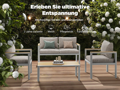 MEXO Gartenlounge - Set Aluminium Balkonmöbel für 4 Personen ( 4 - Sitzer Loungesofa - Gartensofa 1x2 - Sitzer - Sofa, 2xEinzelsessel, 1xCouchtisch ) , outdoor wetterfest, Belastbarkeit pro Sitzplatz 140kg - MeXo - Home