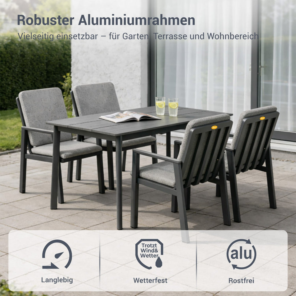 MEXO Gartenlounge - Set Aluminium Gartenmöbel Set (150 x 80 cm Gartentisch, 5 - tlg., mit 4 Stühlen) - MeXo - Home