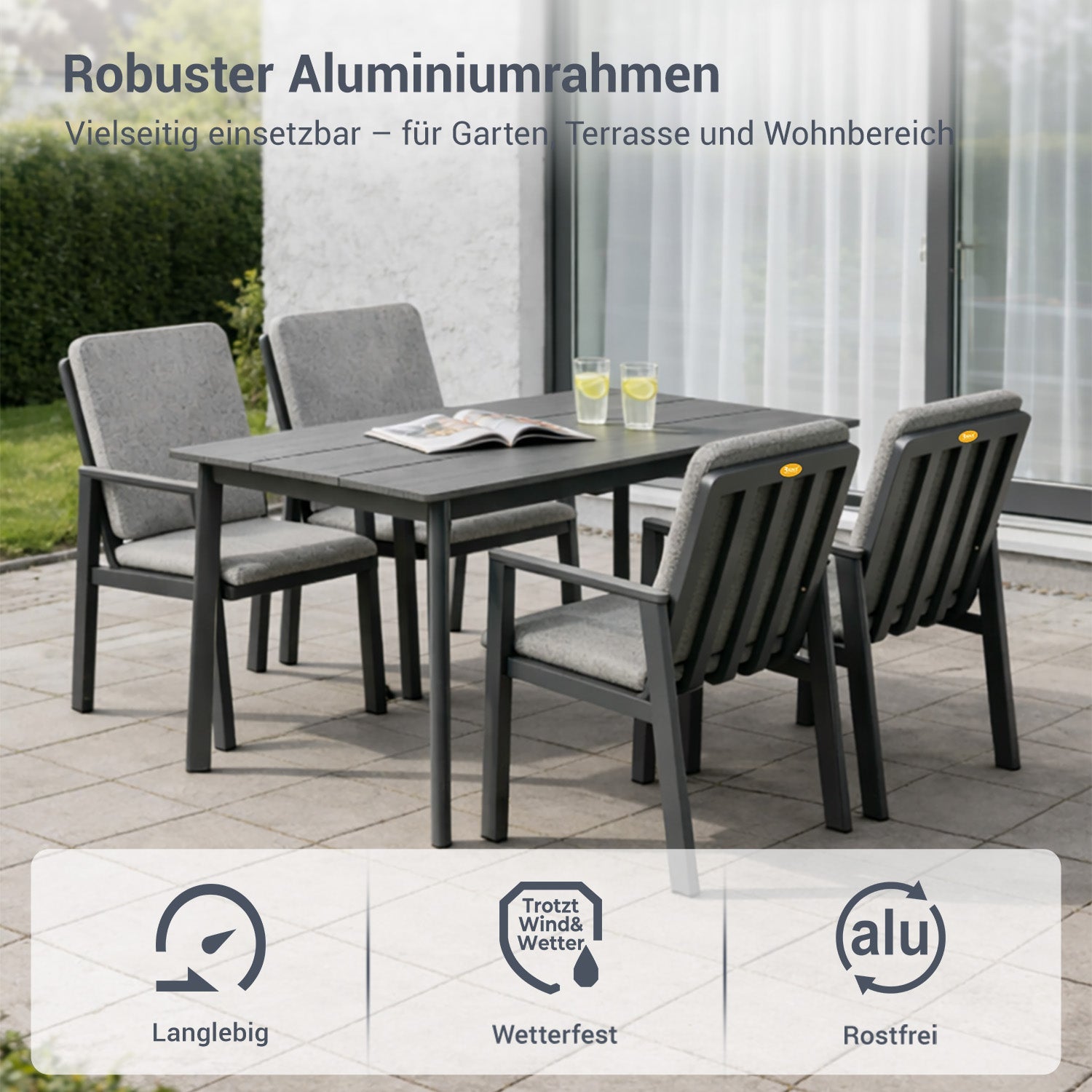 MEXO Gartenlounge - Set Aluminium Gartenmöbel Set (150 x 80 cm Gartentisch, 5 - tlg., mit 4 Stühlen) - MeXo - Home