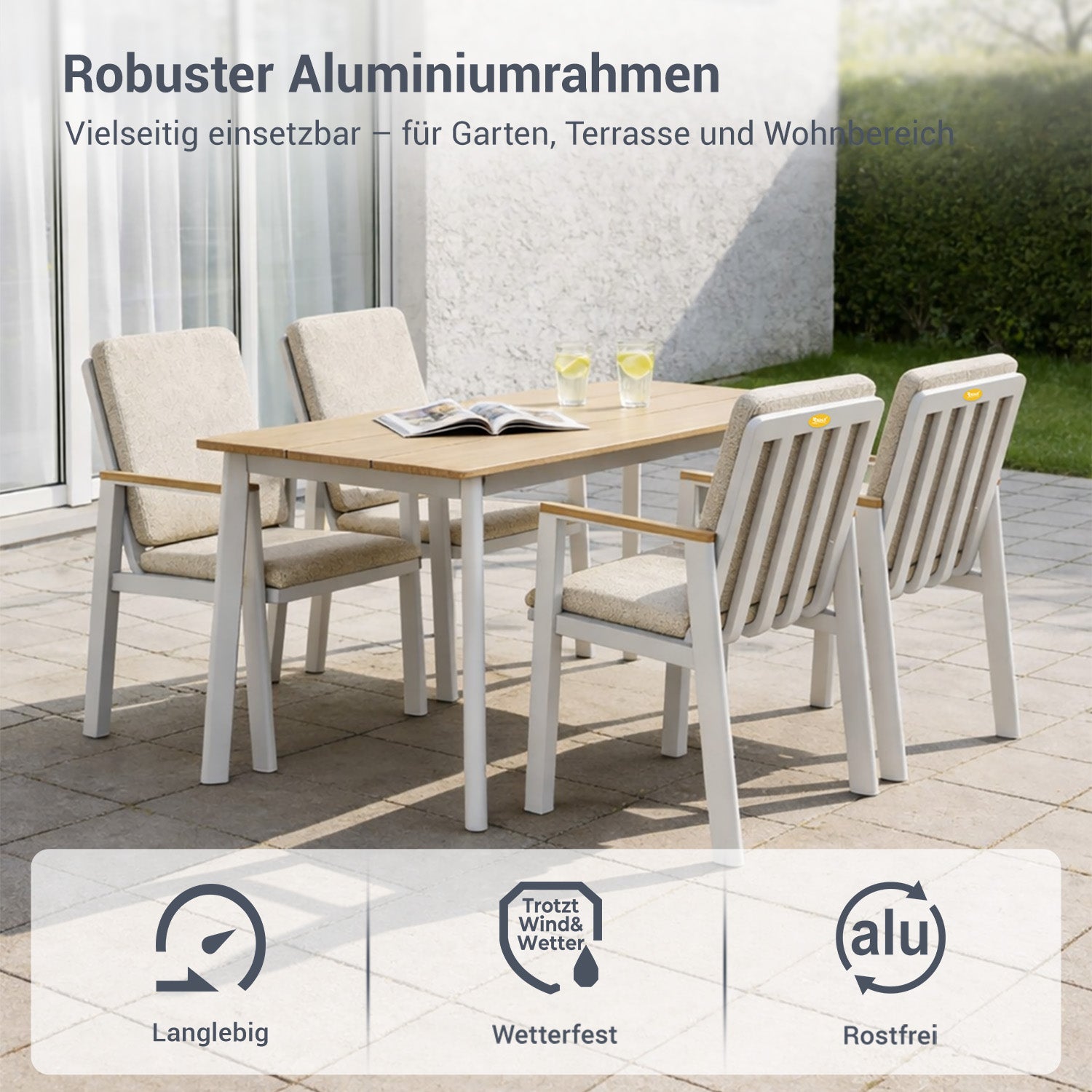 MEXO Gartenlounge - Set Aluminium Gartenmöbel Set (150 x 80 cm Gartentisch, 5 - tlg., mit 4 Stühlen) - MeXo - Home