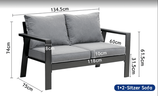 MeXo Gartenlounge - Set Aluminium wetterfest outdoor, Einteiliges Premium Sitzkissen 10cm, Hochlehner Balkon Lounge Set klein für Balkon Balkonsofa 2 Sitzer - MeXo - Home