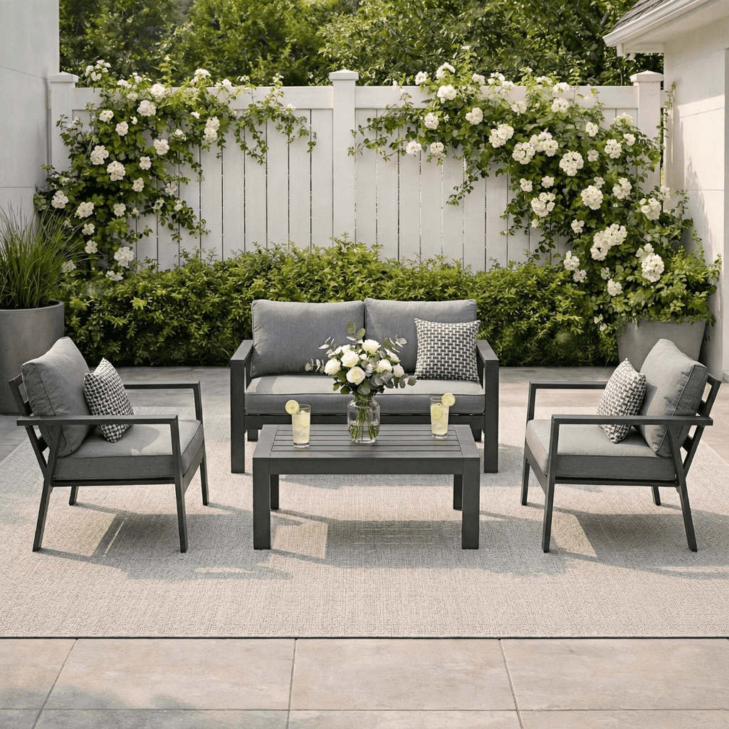 MEXO Gartenlounge - Set Balkonmöbel Set Aluminium, 4 - tlg., wetterfest, für 4 Personen, mit ergonomischen Sesseln und dicken Kissen - MeXo - Home