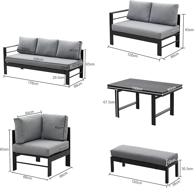 MeXo Gartenlounge - Set Ecklounge Outdoor 6 - 8 personen, (Gartenmöbel Set Aluminium, Loungegruppen mit 3 Ecksofas, 1 Bank, 1 Esstisch), Gartenlounge Set wetterfest Sitzgruppe Essgruppe Garnitur - MeXo - Home