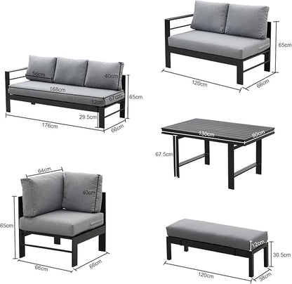 MeXo Gartenlounge - Set Ecklounge Outdoor 6 - 8 personen, (Gartenmöbel Set Aluminium, Loungegruppen mit 3 Ecksofas, 1 Bank, 1 Esstisch), Gartenlounge Set wetterfest Sitzgruppe Essgruppe Garnitur - MeXo - Home