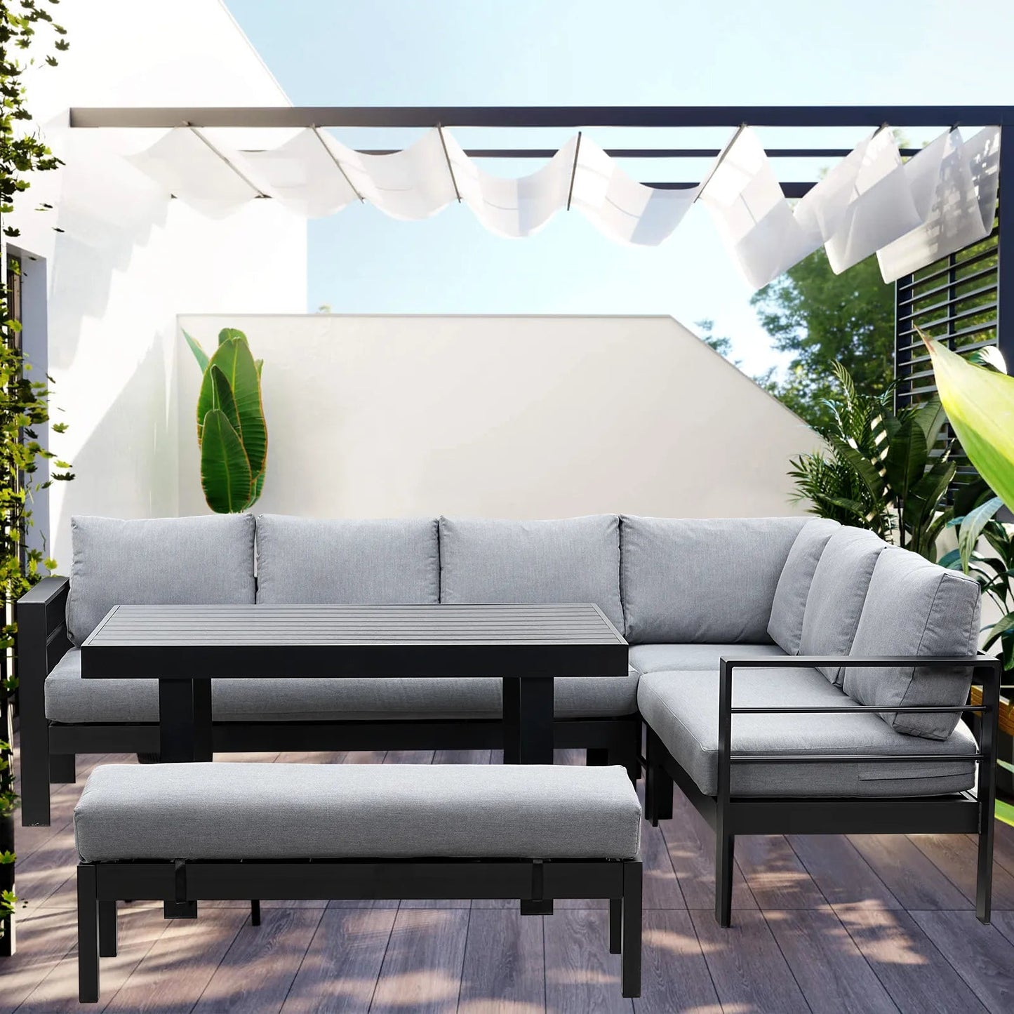 MeXo Gartenlounge - Set Ecklounge Outdoor 6 - 8 personen, (Gartenmöbel Set Aluminium, Loungegruppen mit 3 Ecksofas, 1 Bank, 1 Esstisch), Gartenlounge Set wetterfest Sitzgruppe Essgruppe Garnitur - MeXo - Home