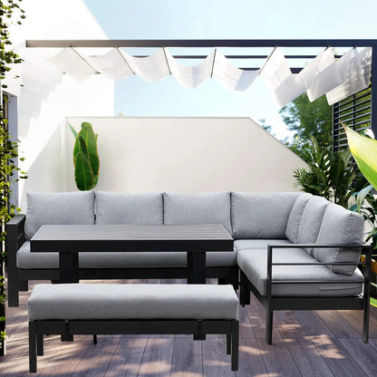 MeXo Gartenlounge - Set Ecklounge Outdoor 6 - 8 personen, (Gartenmöbel Set Aluminium, Loungegruppen mit 3 Ecksofas, 1 Bank, 1 Esstisch), Gartenlounge Set wetterfest Sitzgruppe Essgruppe Garnitur - MeXo - Home